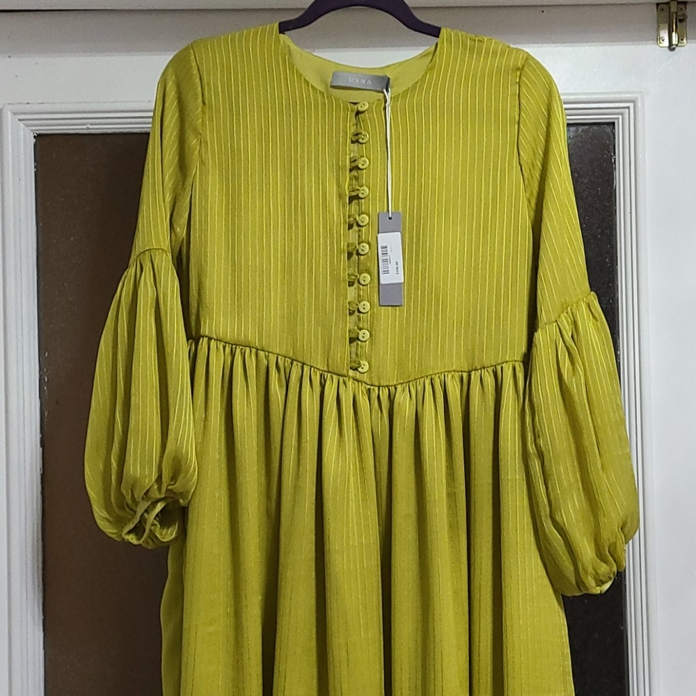 Puff sleeve metallic neon midi dress